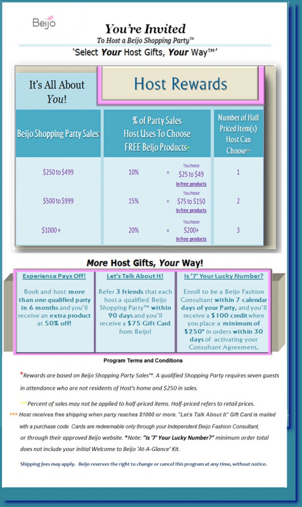 Beijo Handbags purse party hosting rewards chart